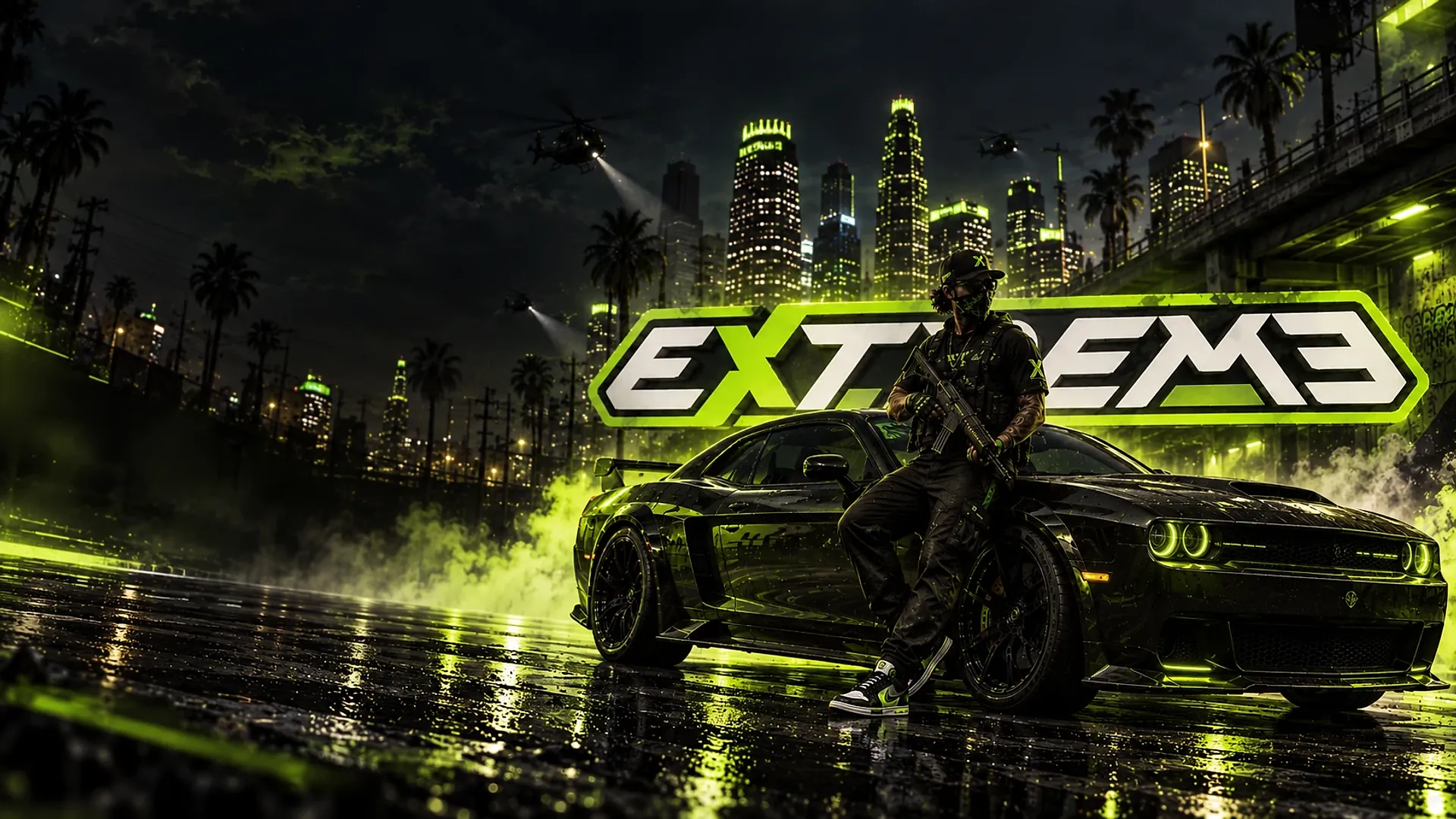 Un jugador de Extreme con una carabina, apoyado en un deportivo negro bajo el cartel de Extreme